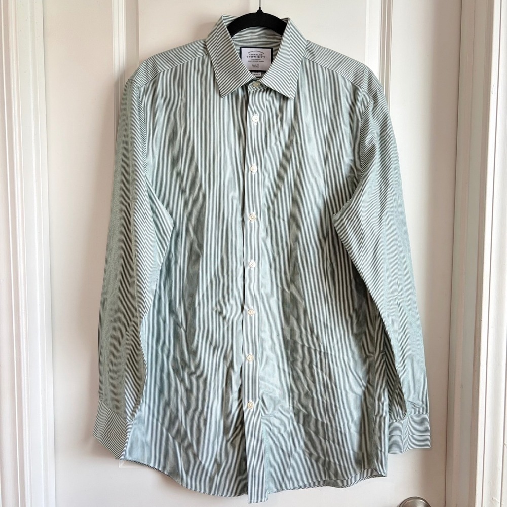 Charles Tyrwhitt Mens Slim Fit Shirt Green Non-Iron Gingham‎ Check Cotton 16/35